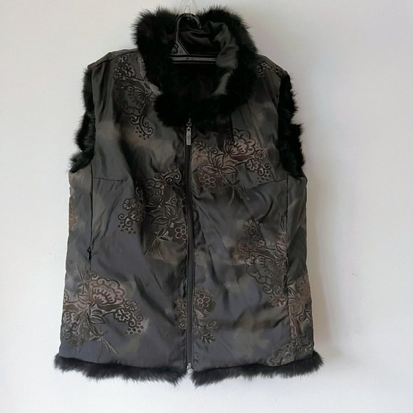 Down Feathers Filled Reversible Quilted Fur Trim Puffer Vest, Size M - Picture 5 of 16